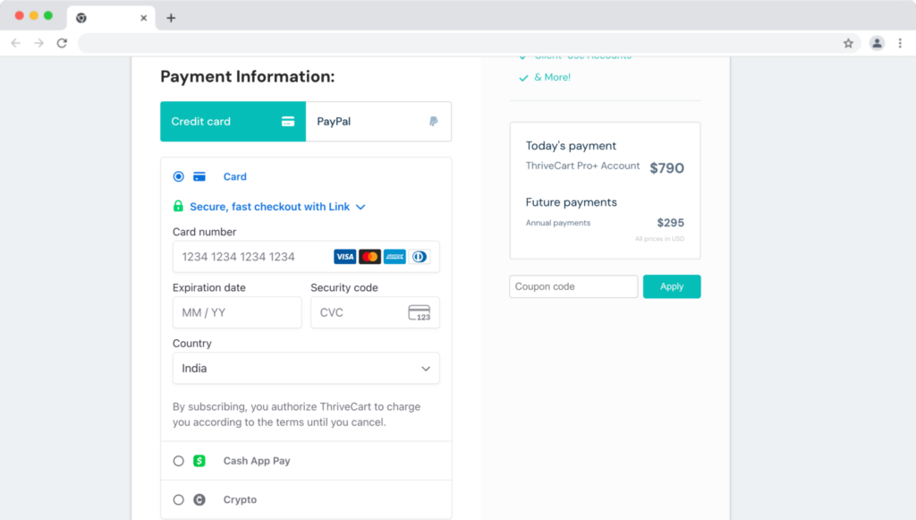 Thrivecart coupon & billing page